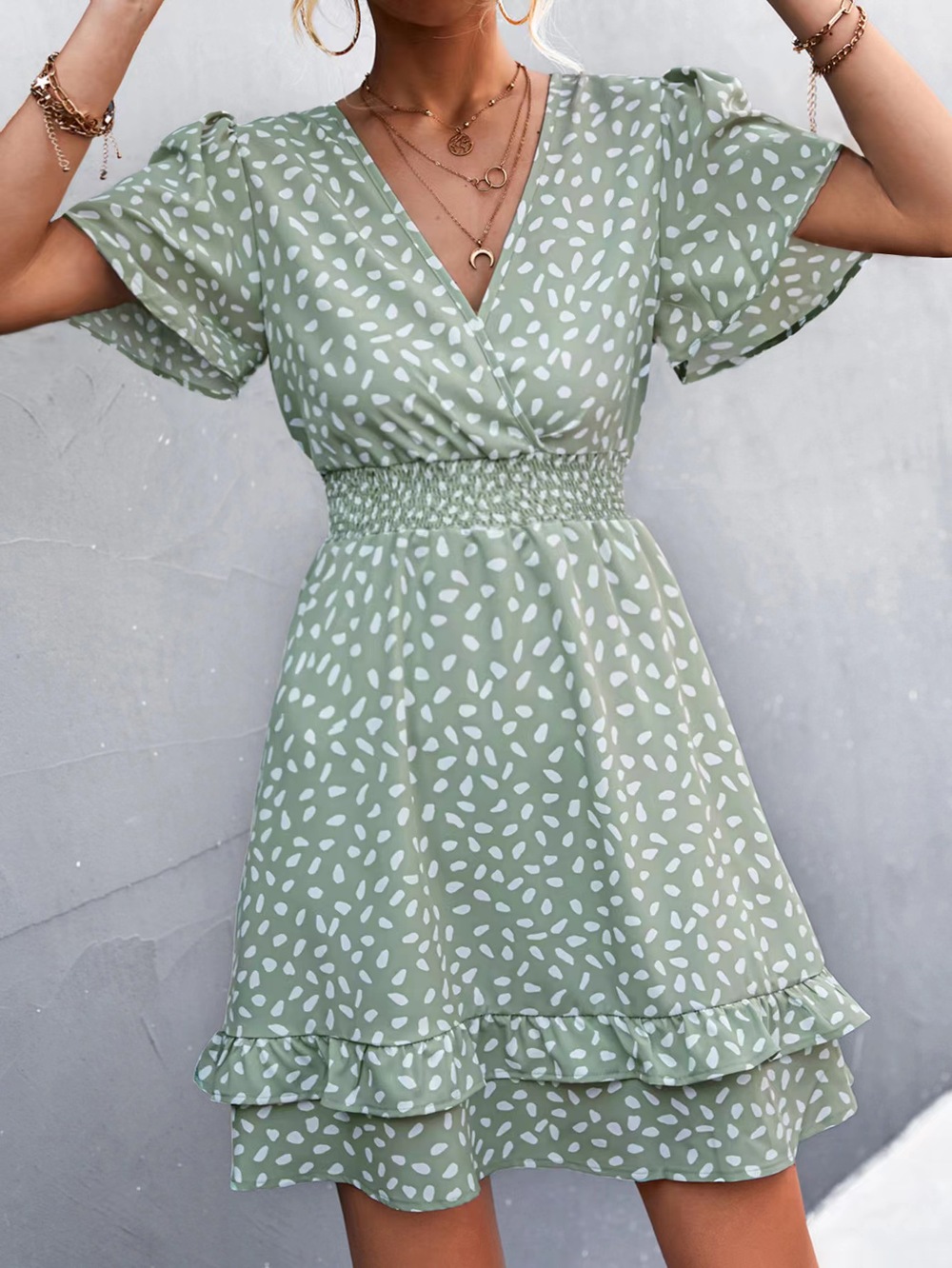 Women's Sage Green Ditsy Print V-Neck Flutter-Sleeve Wrap Mini Dress